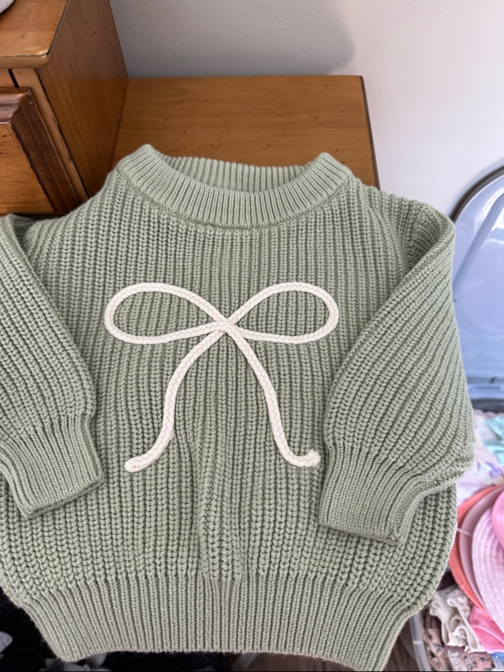 Kids Sage Green Knit Sweater with Cream Rope Bow